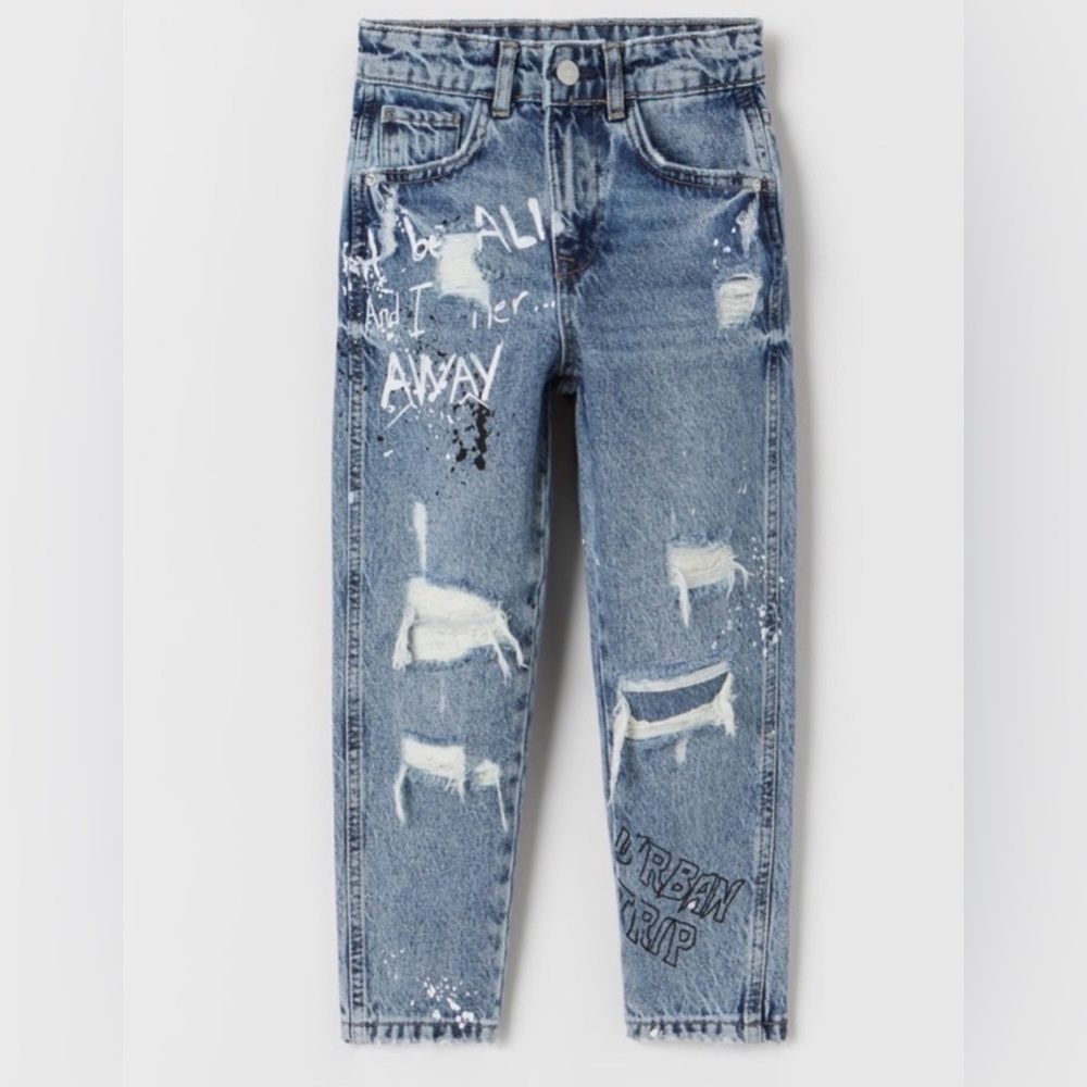 ZARA Kids Jeans relaxed fit Graffiti splatter distressed denim sz 9 unisex